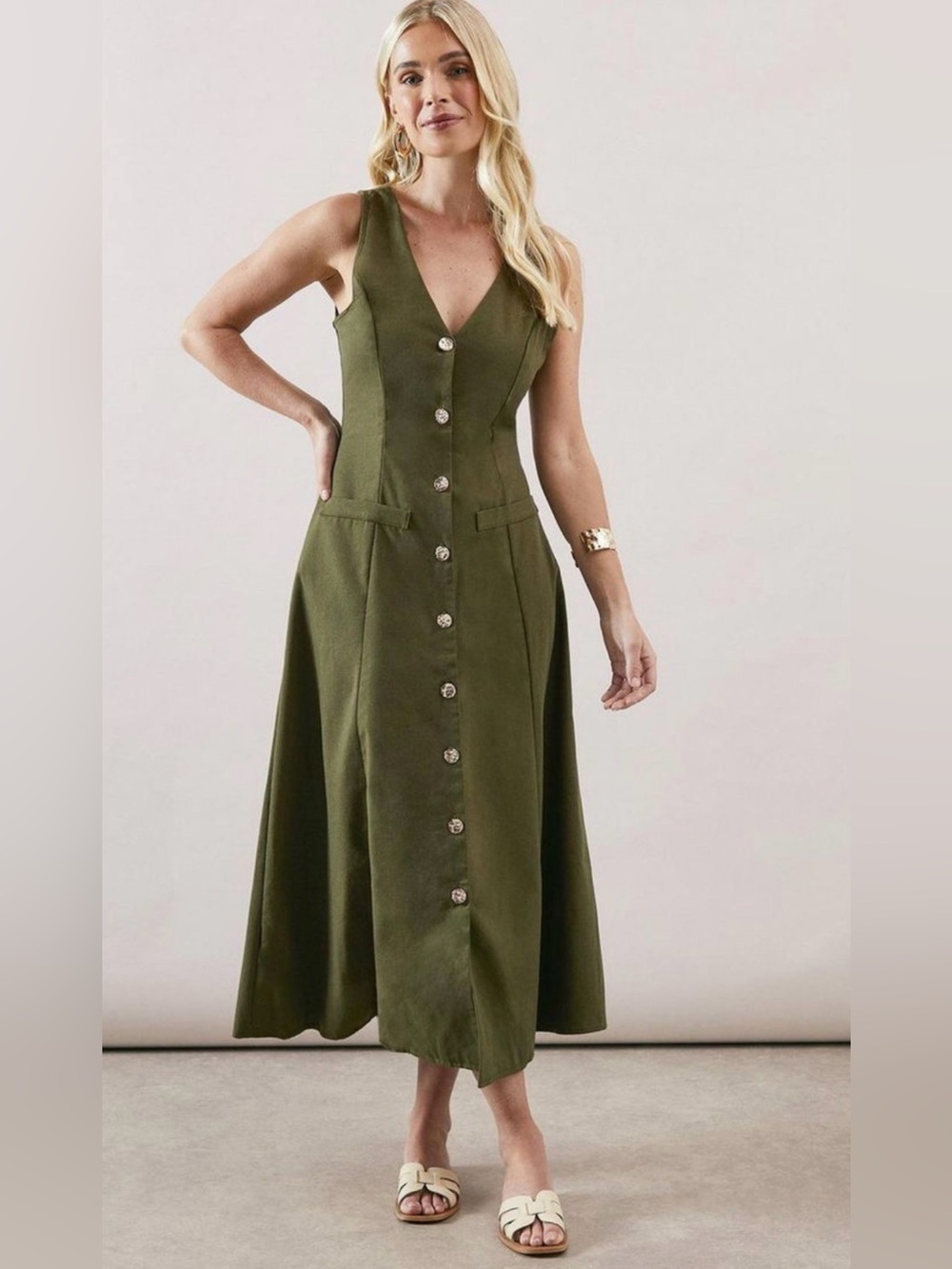Vintage Olive Button-Front V-Neck Midi Dress
